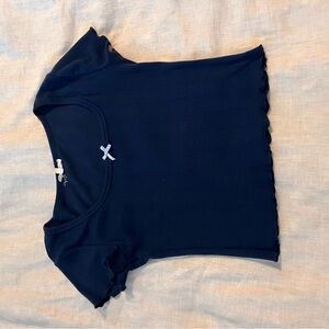 Mustard Seed Navy Ribbed Short Sleeve Top with Lettuce Hem